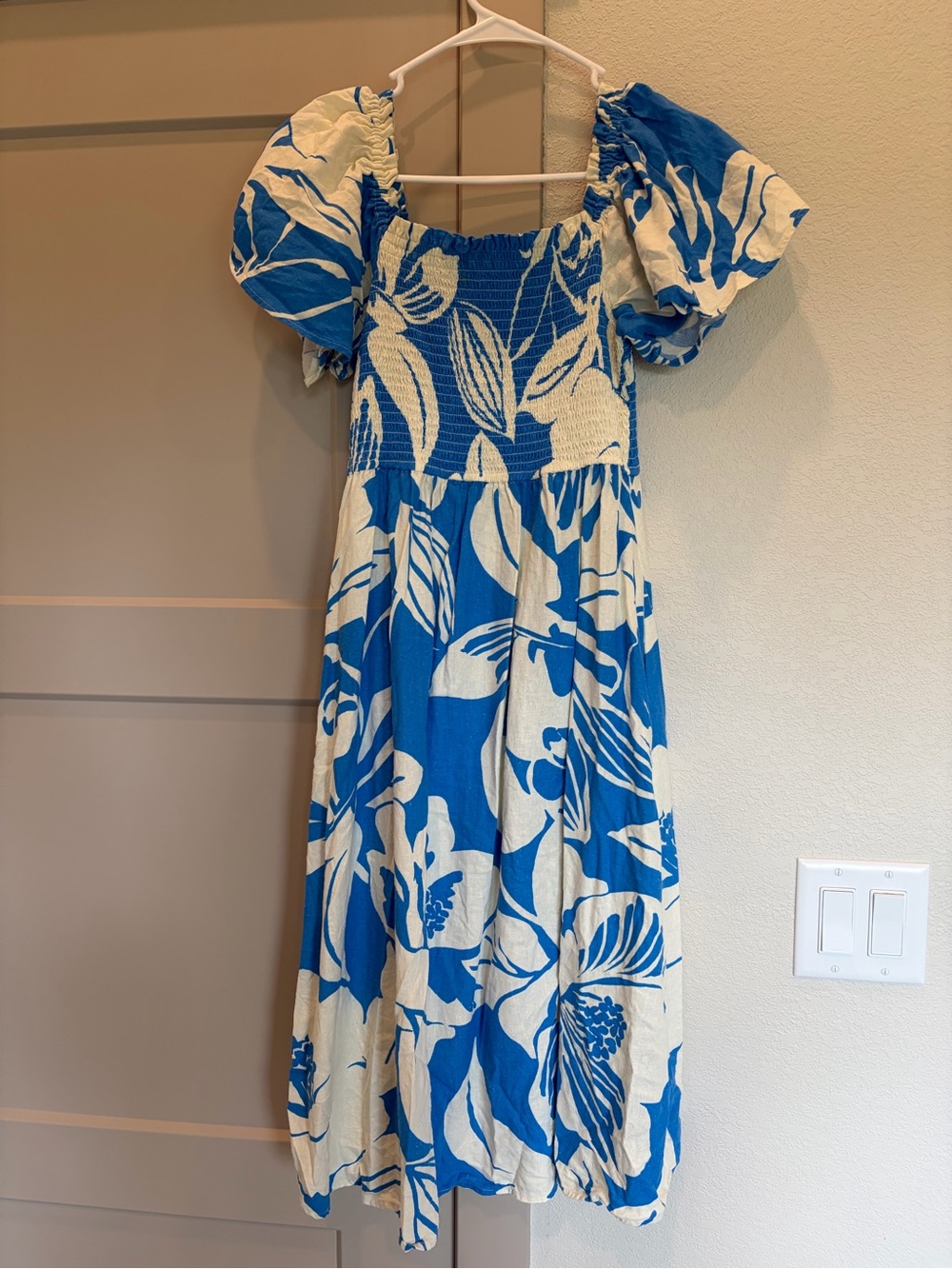 Blue and Cream Floral Smocked Puff-Sleeve Midi Dress